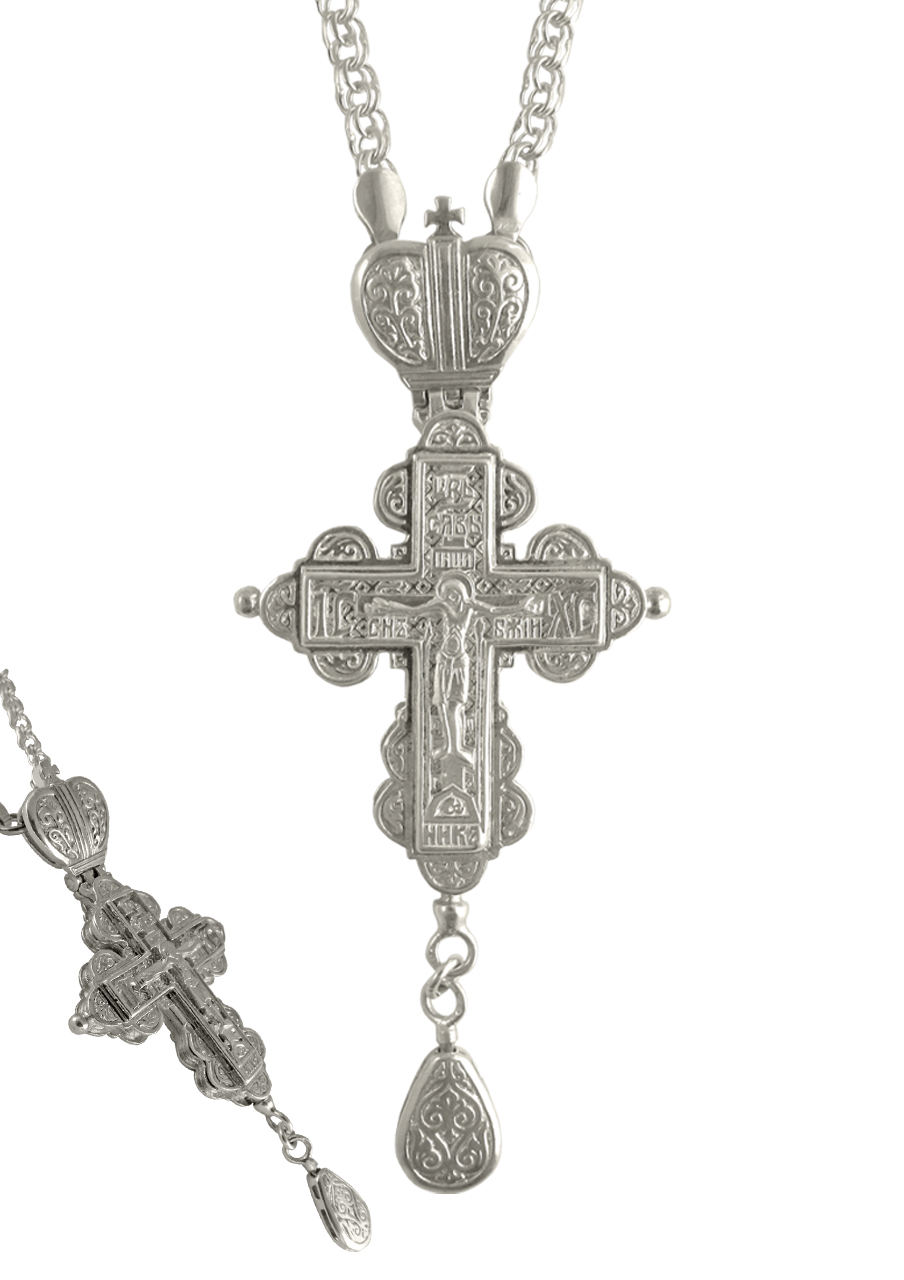 Cruce pectorală cu loc de Sfinte Moaște, din argint masiv 1 - EIKON Cruce pectorală cu loc de Sfinte Moaște, din argint masiv