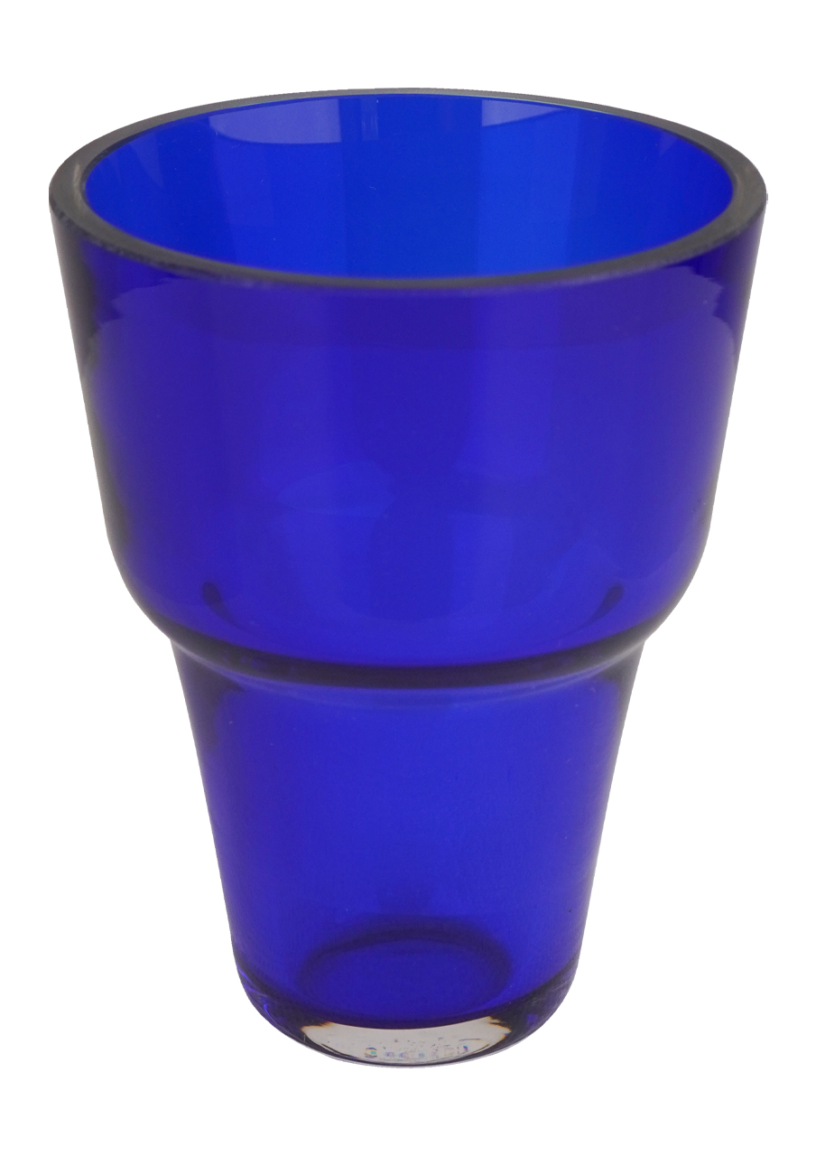 Pahar pentru candelă din sticlă albastră, suflată manual. Sticla este groasă și de calitate, cu mare rezistență la șocuri. Înălțime 11,5 cm, diametru 9 cm, diametru bazei 4 cm.