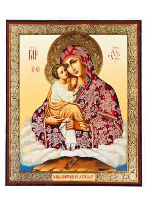 Icoană Maica Domnului de la Poceaev Icoană aplicată pe PAL, dimensiune 11×14 cm, grosime 18 mm. Icoana este realizată în Atelierul de icoane EIKON.