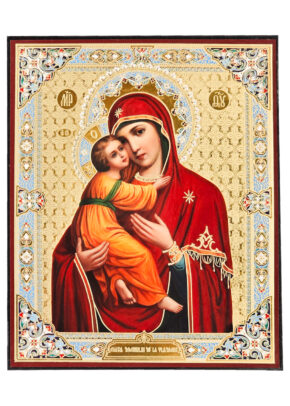 Icoană Maica Domnului Vladimir Icoană aplicată pe PAL, dimensiune 11×14 cm, grosime 18 mm. Icoana este realizată în Atelierul de icoane EIKON.