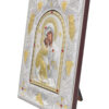 Icoană argintată Maica Domnului Dimensiune 25 x 20 x 2 cm. Icoană cu ramă argintată și pietre roșii, pe suport de lemn, cu picior de sprijin.