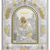Icoană argintată Sf. M. Mc. Dimitrie, Izvorâtorul De Mir. Dimensiune 25 x 20 x 2 cm. Icoană cu ramă argintată și pietre roșii, pe suport de lemn, cu picior de sprijin.